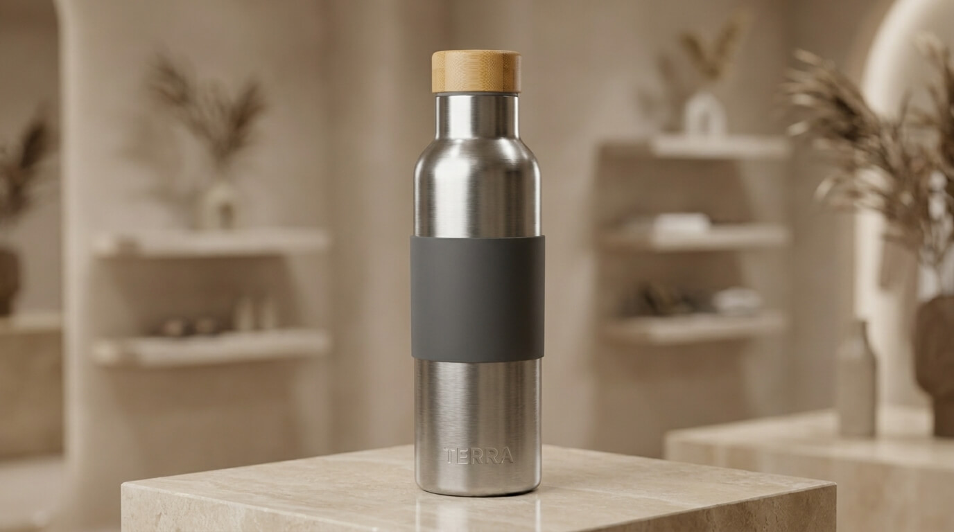 Nachher: Fotorealistisches KI Studio-Rendering der Edelstahl-Trinkflasche