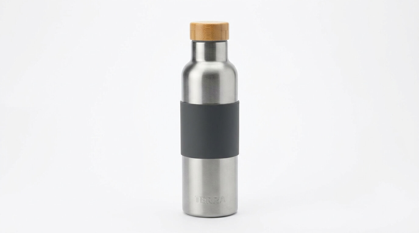 Vorher: Unbearbeitetes Produkt-Foto der Edelstahl-Trinkflasche